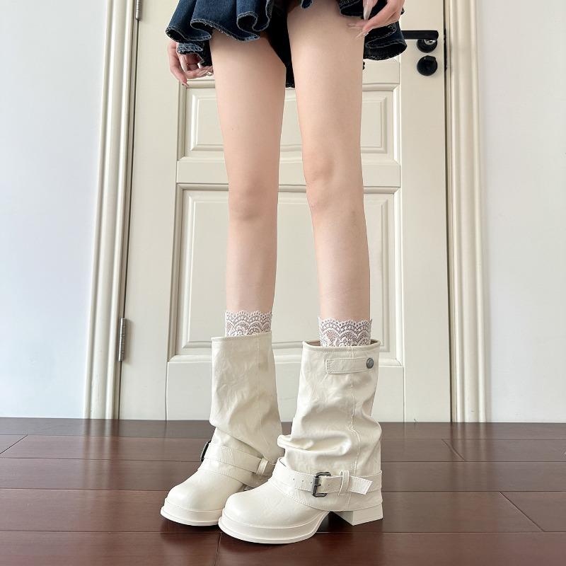 White retro fashionable trouser tube boots round head belt buckle thick heel pile short boots fried street versatile Martin boots women