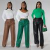 Women's Spring Retro Loose Wide Leg Pocket Casual Leather Pants