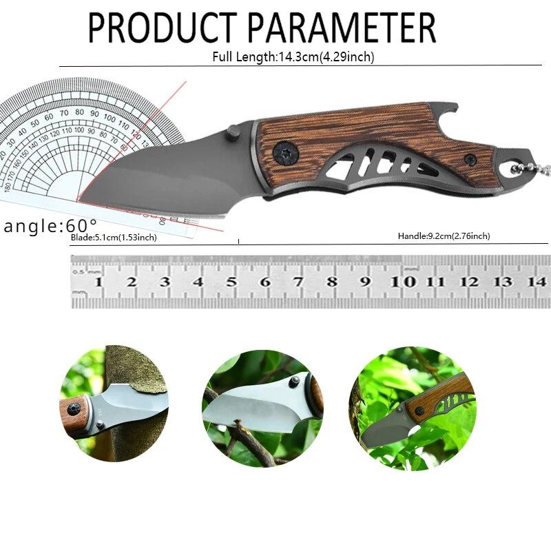 Stainless Steel Mini Folding Knife Portable Outdoor Knife Bottle Opener Multifunctional Knife Outdoor Survival Knife Wooden Handle Pocket Knife