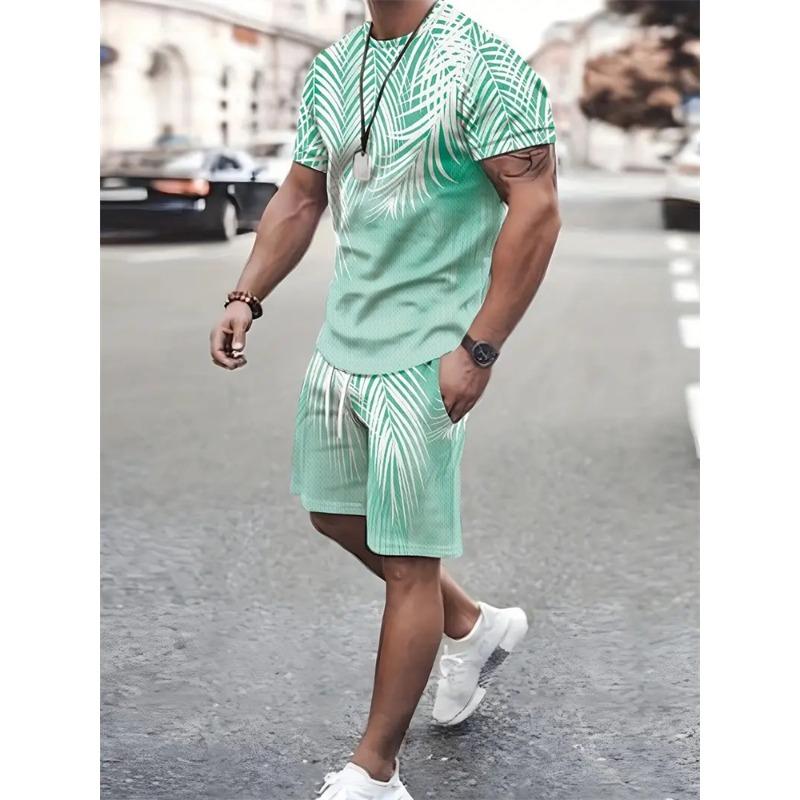 2025 Summer Fashion T Shirt Shorts Set High Temperament Street Men's Mens 3D Short Sleeve Loose Top Gradient Coconut Print Style