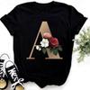 Fashion Golden 26 Letters Flower Harajuku Print Ladies T-shirt Casual Basics O-collar Black Shirt Short Sleeve Ladies T-shirts
