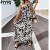 Women's Fashion Summer Spring Feather Print Sleeveless V-Neck High Waist Casual Dresses