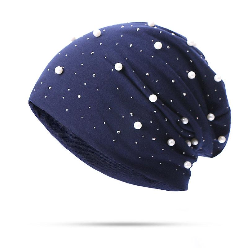 Pearl Rhinestones Women Beanie Hats Autumn Winter Warm Soft Cotton Skullies Caps Casual Outside Turban Female Ladies Hearwear