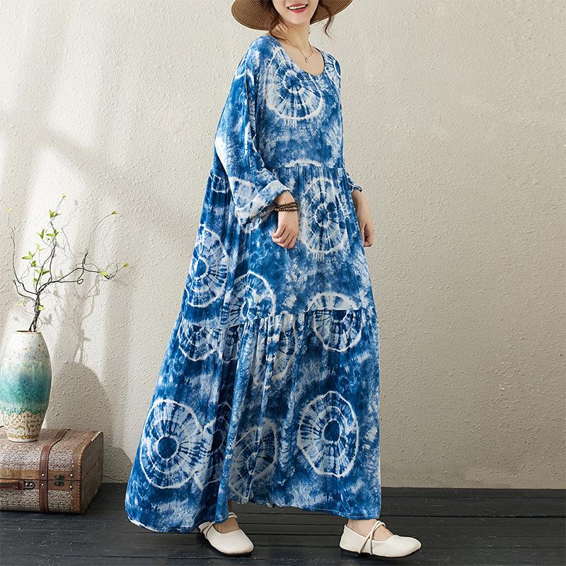 Round Neck Long Sleeve Bohemian Clothing Retro Autumn Cotton Linen Dresses Vintage Casual Floral Printed Long Dress for Women