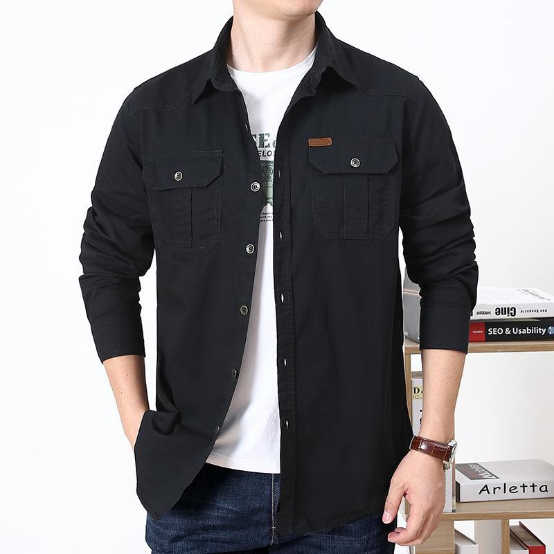 Men's Casual Loose-Fit Long-Sleeve Shirt - Solid Color, Large Size, Autumn Workwear with Pocket