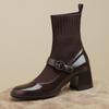 New Women High Heel Boots Fashion Block Heels Mary Jane Calf Boots Lady Patent Leather Shoes Stretch Knitted Fabric Sock Boots