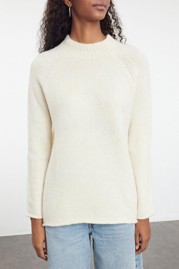 Women's Fashion Stylish Sweater Green Soft Textured Stand-Up Collar Seamless Knitwear Sweater