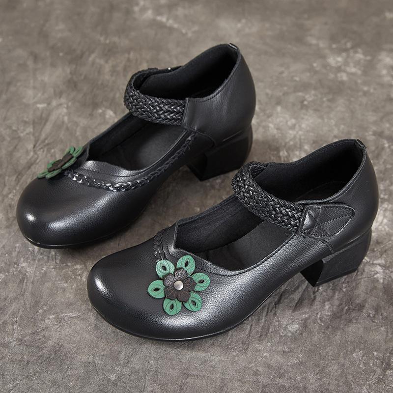 Ethnic Women's Shoes Chunky Heel Single Shoes Head Cowhide Soft Bottom Leather Shoes