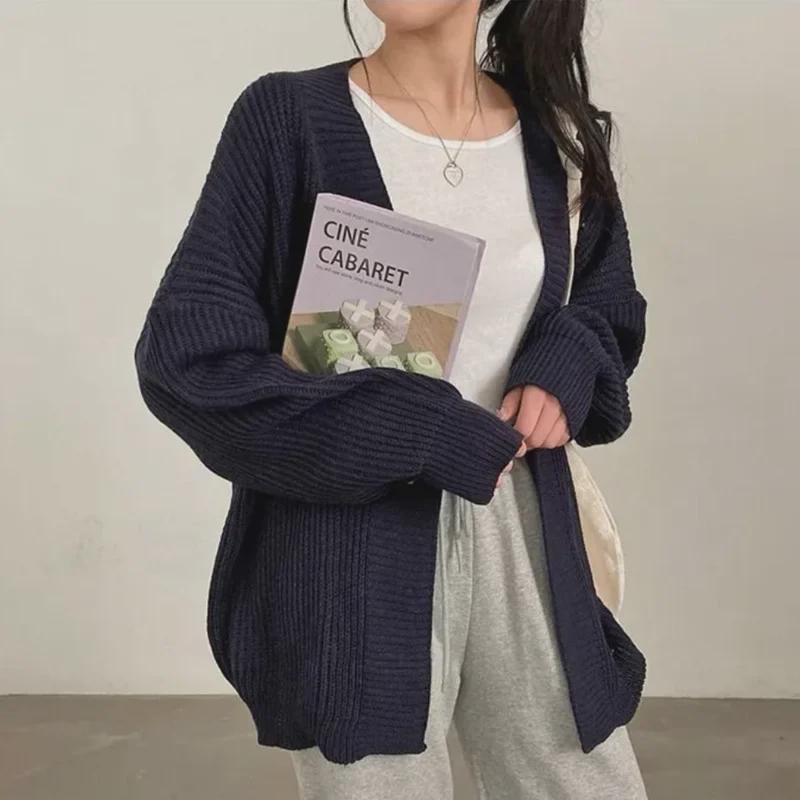 Women's Cozy Solid Color Mid-Length Knit Cardigan Sweater for Autumn and Winter