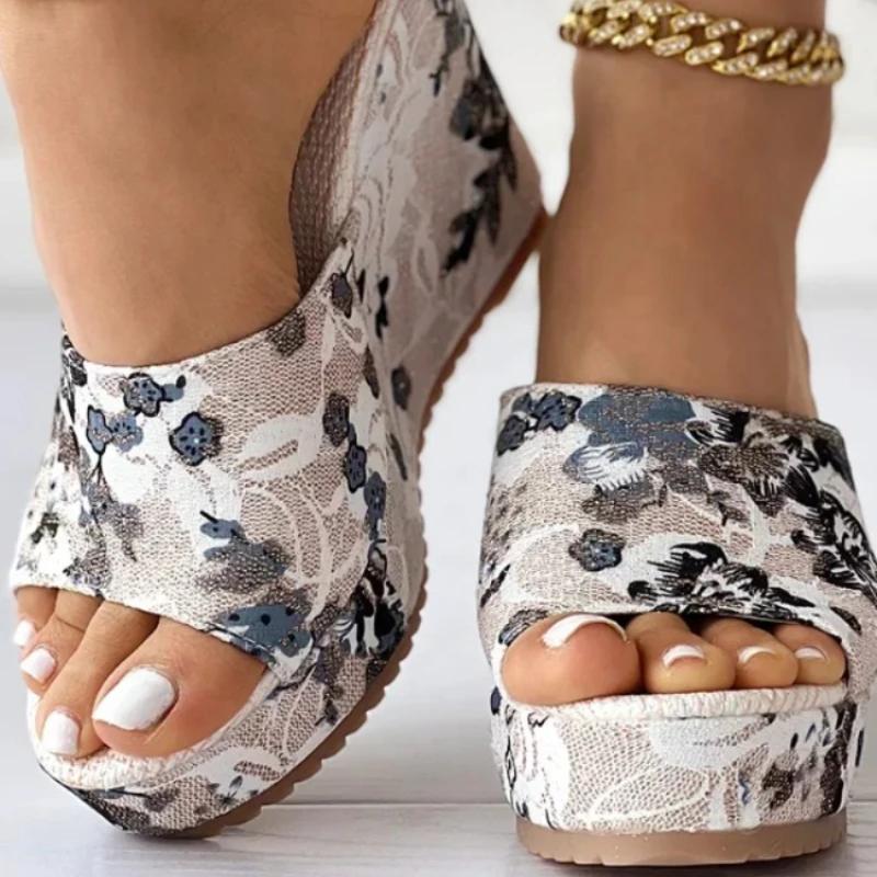 Women Shoes Fashion Shoes Casual Flip Flops Summer Vintage Floral Print Peep Toe Wedge Slippers 35-42