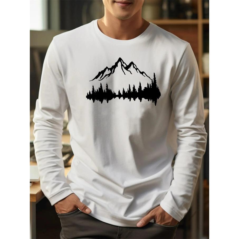 Men's Loose Fit Comfortable Casual Sports Mountain Reflection Pattern Printed Round Neck Long Sleeved T-shirt