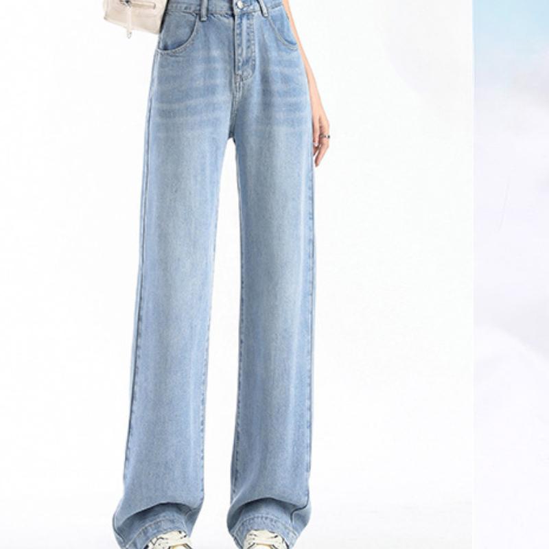 Tennis Denim Wide-leg Pants for Women with High Waist Slimming and Thin Drooping Style Summer New Loose Ice Silk Straight Pants