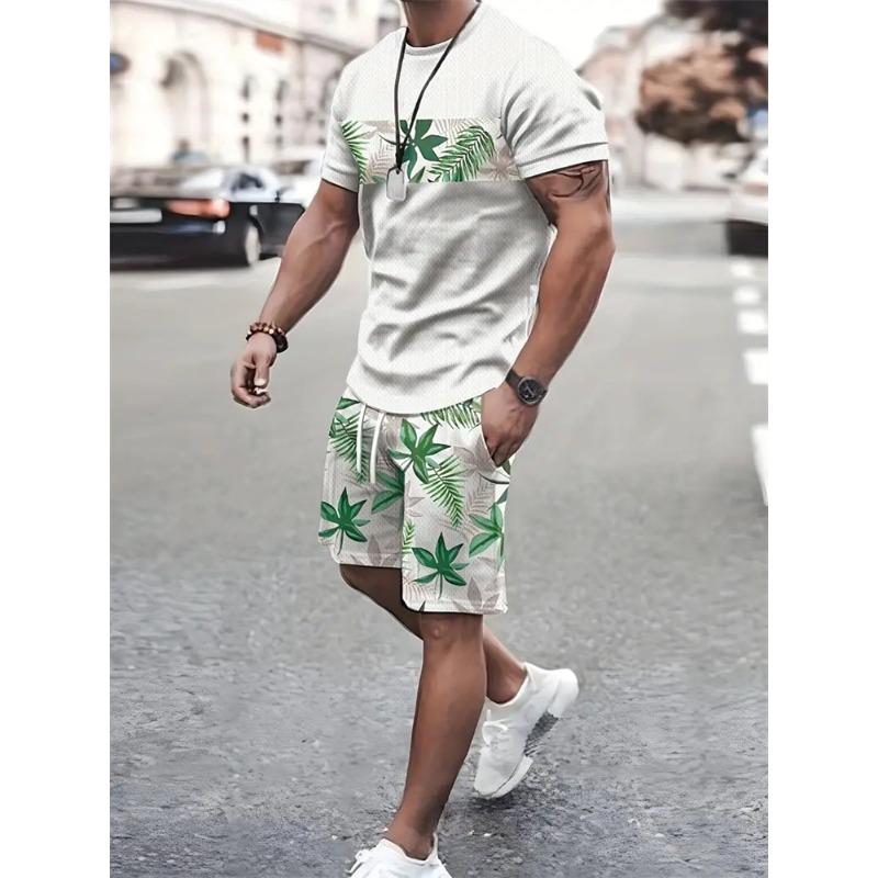 2025 Summer Fashion T Shirt Shorts Set High Temperament Street Men's Mens 3D Short Sleeve Loose Top Gradient Coconut Print Style