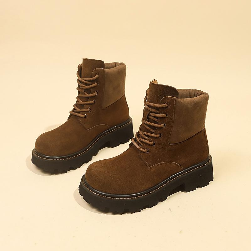Autumn Winter Thick Sole Lace-Up Riding Boots Women's Suede Patchwork Ankle Boots Platform British Style Casual Platform Shoes