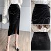 Women Midi Skirt High Waist Irregular Front Slit Design Golden Velvet Skirt Solid Color Design Leg-shaping Skirt
