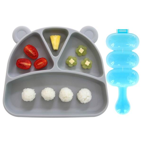 My Eli Silicone Suction Plate Rice Ball Maker Set, Gray, Food Plate + Rice Ball Mold, Popular Korean Parenting Items