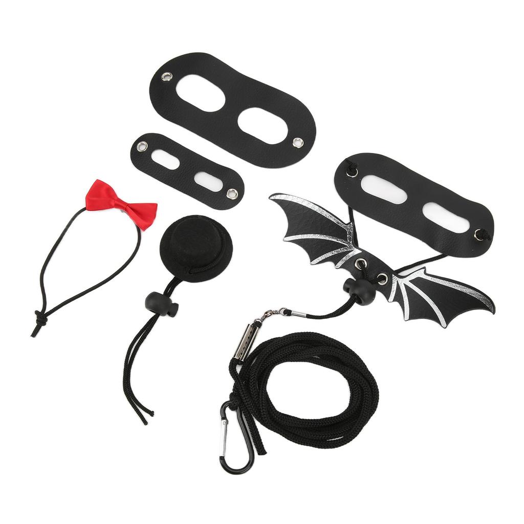 Reptile Harness and Leash Adjustable Lizard Traction Rope Hat Bowtie Set for Small Pet Animals(Black and Red Hat Set