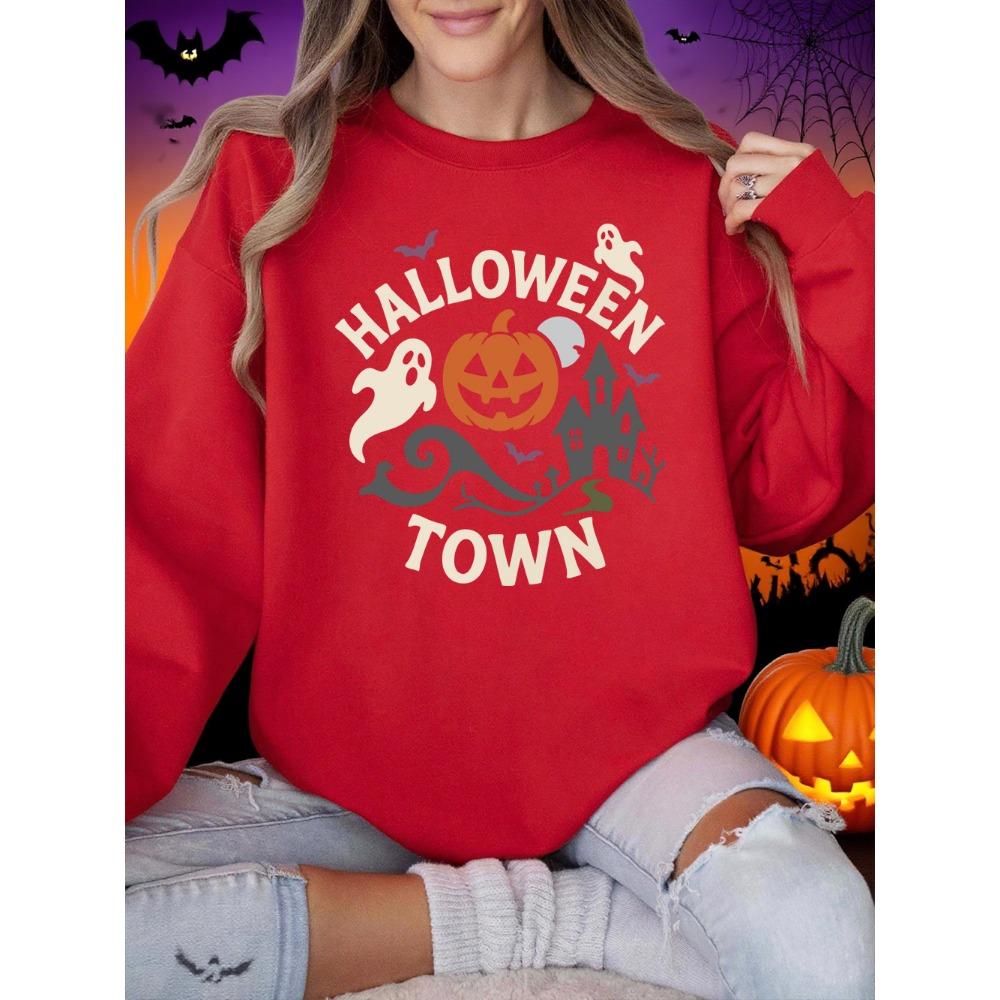 Halloween Town Pumpkin Lantern Prints Sweatshirts Women Loose Basics Hoodies Warm Crewneck Clothes Winter Casual Pullover