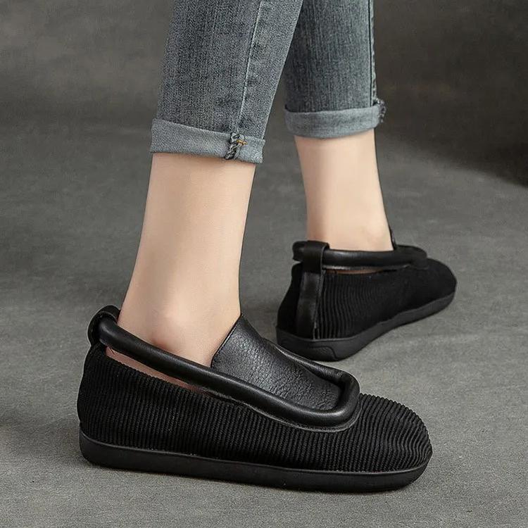 Johnature Retro Round Toe Flats Lightweight And Versatile Genuine Leather Splicing Women's Slip-on Shoes