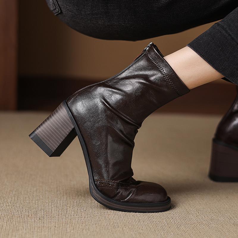 Fashion 2025 New Autumn Women Boots Sheepskin Leather Women Shoes Round Toe Chunky Heel Modern Short Boots Stretch Platform High Heels