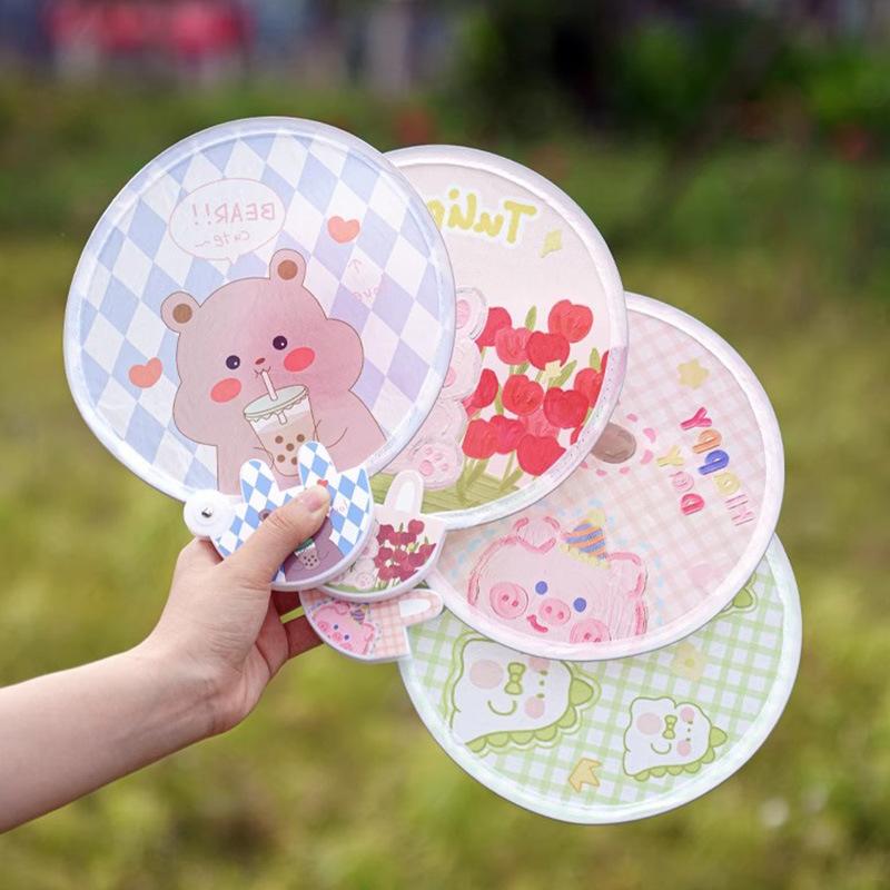Cute Folding Group Fan Portable Folding Fan Girl Heart Student Mini Round Fan Summer Portable Cartoon Round Fan