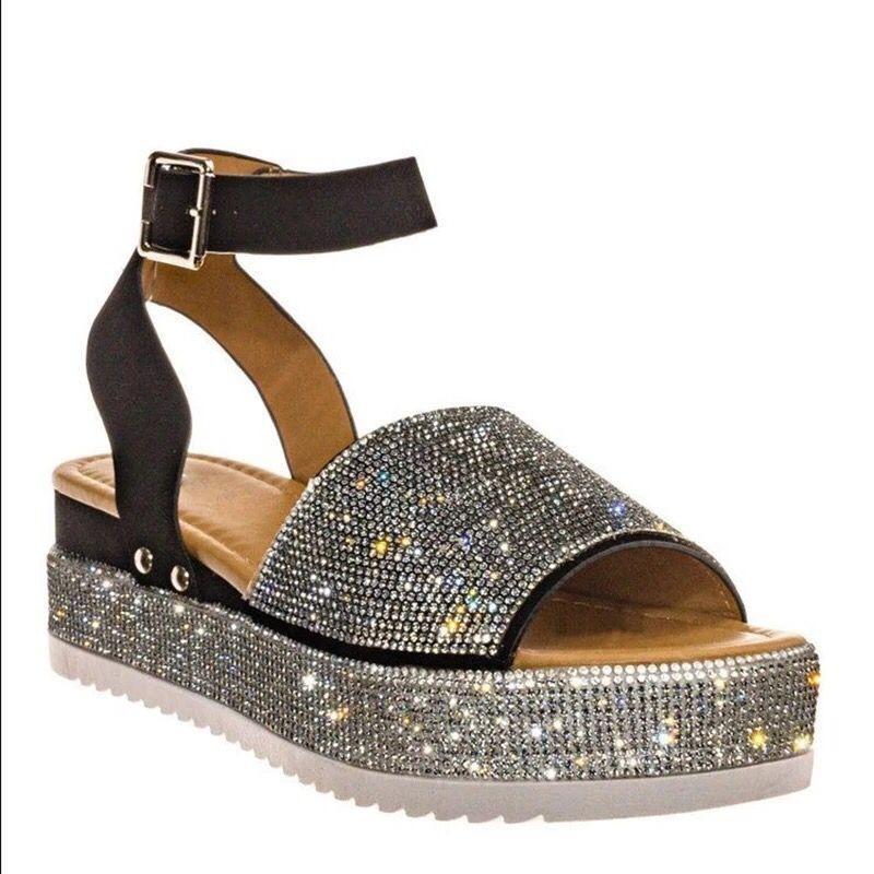 Spring and Summer New Large-size Muffin Women's Sandals Wind Multi-colored Rhinestone Thick-soled Buckle One-word Sandals Women