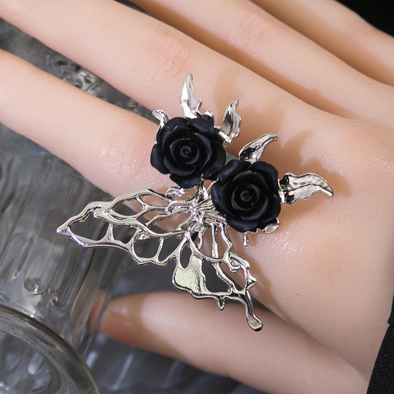 Adjustable Dark Rose & Butterfly Hollow Ring