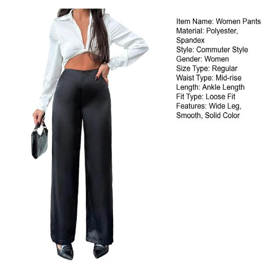 Women Pants Mid-rise Solid Color Loose Fit Wide Leg Design Long Trousers Smooth Satin Casual Trousers Daily Wear