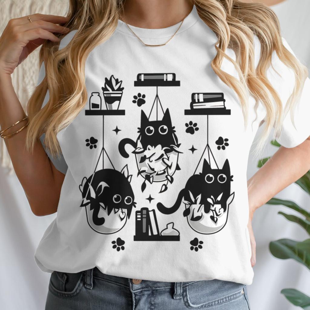 Women T-shirts New Ladies Casual Female Clothes Tops Black Cat Books Print Ladies Tees Tshirt Cartoon Graphic T-Shirt Clothing