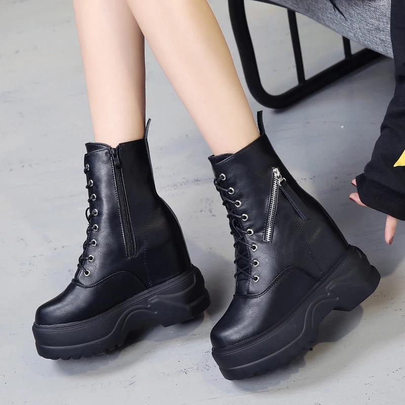 Fashion 11CM New Women Autumn Ankle Boots Increase Platform Zipper Sneakers Woman Leather Boots High Heels Winter Motorcycle Boots