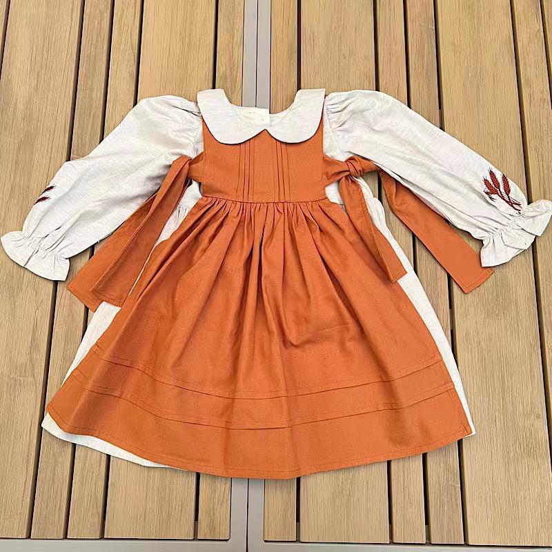 Girl Princess Dress 2023 Spring Autumn New Korean Kids Orange and Beige Retro Cotton Linen Embroidered Dresses Two Piece Set