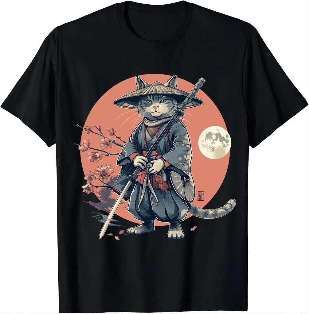 Japanese Samurai Cat Tattoo Kawaii Ninja Cat T-shirt Street Cool Casual Wear Women's Clothing Top Camisetas