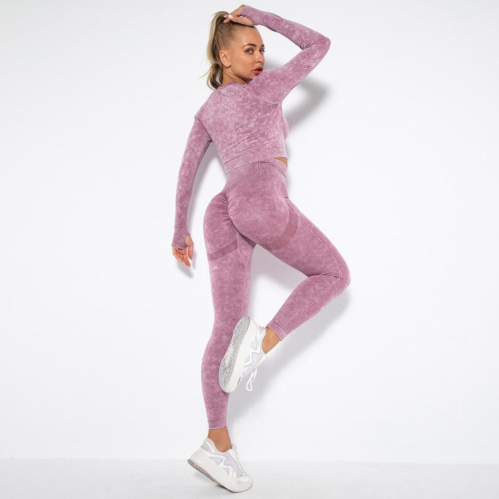 Women Seamless Washed Peach Hip Lifting Sports Running Fitness O Neck Long Sleeve Pant Suits