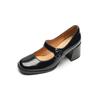 Women Pumps Thick Heels Spring Patent Leather Mary Janes Genuine Leather Round Toe Buckle Strap Retro Office Lady Shoes Woman