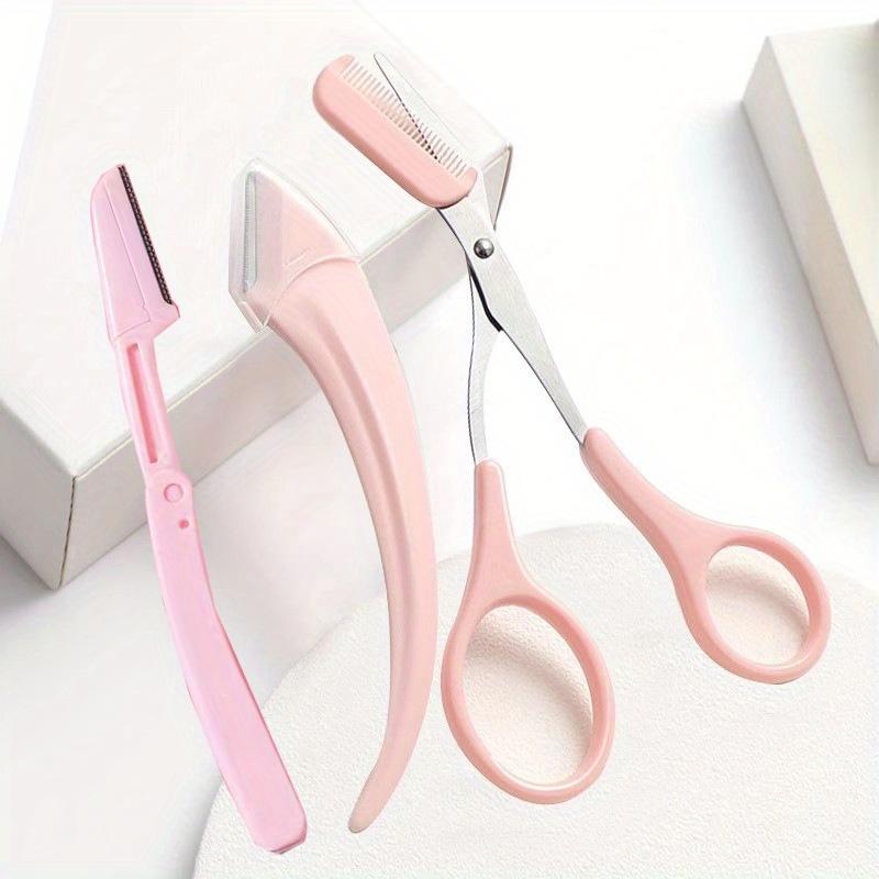 1pc Crescent Eyebrow Trimmer + 1pc Pink Eyebrow Scissors + 1pc Pink Folding Eyebrow Trimmer, Pink Eyebrow Clipper with Built-in Comb