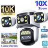 10K WiFi Camera 20MP Wireless Outdoor 10X Zoom Four Screen Four Lens 720° PTZ Automatic Tracking Waterproof Security Camera CCTV