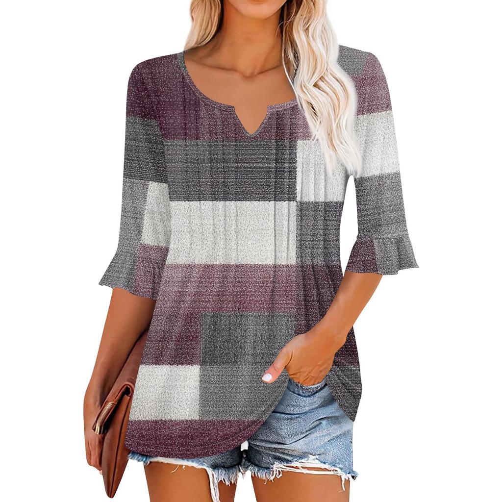 3/4 Sleeve Tops For Women Casual Ruffle V Neck T Shirts Work Blouses Dressy Tunic Tops