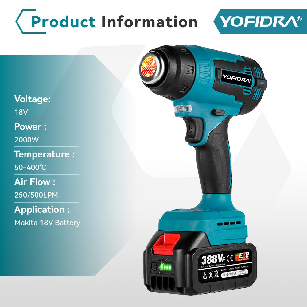 Yofidra 18V Electric Heat Gun Hot Air Gun Cordless Rechargeable Handheld Shrink Wrapping Power Tool with 3 Nozzles For Makita 18V Battery