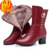 Casual Mid-calf Boots for Womens Chunky High Heels Shoe Winter Plush Warm Side Zipper Modern Boot Black Red Botas