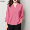 Women Casual V-Neck Solid Color 3/4 Sleeve Loose Blouse