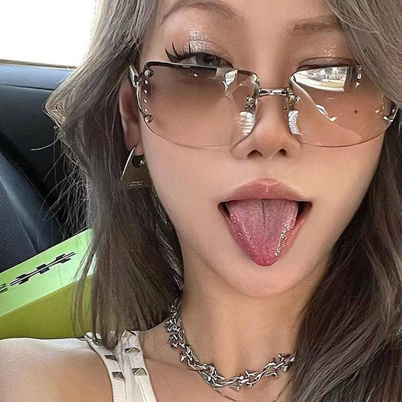 Hipster Internet Celebrity Sunglasses Rimless Diamond Box Sunglasses Female Millennial Future Technology Punk Sunglasses