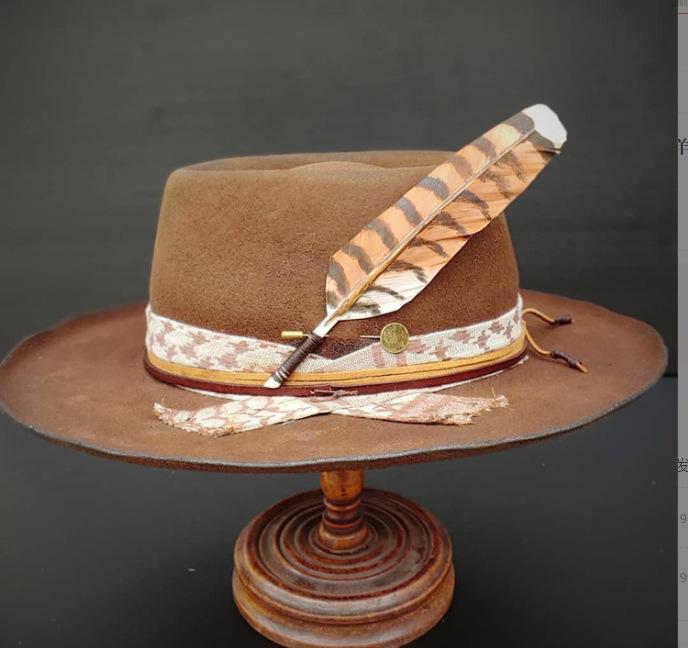 Pork Pie Top Sheep Felt Hat Solid Sheep Felt Hat Feathered Pure Wool Felt Hat