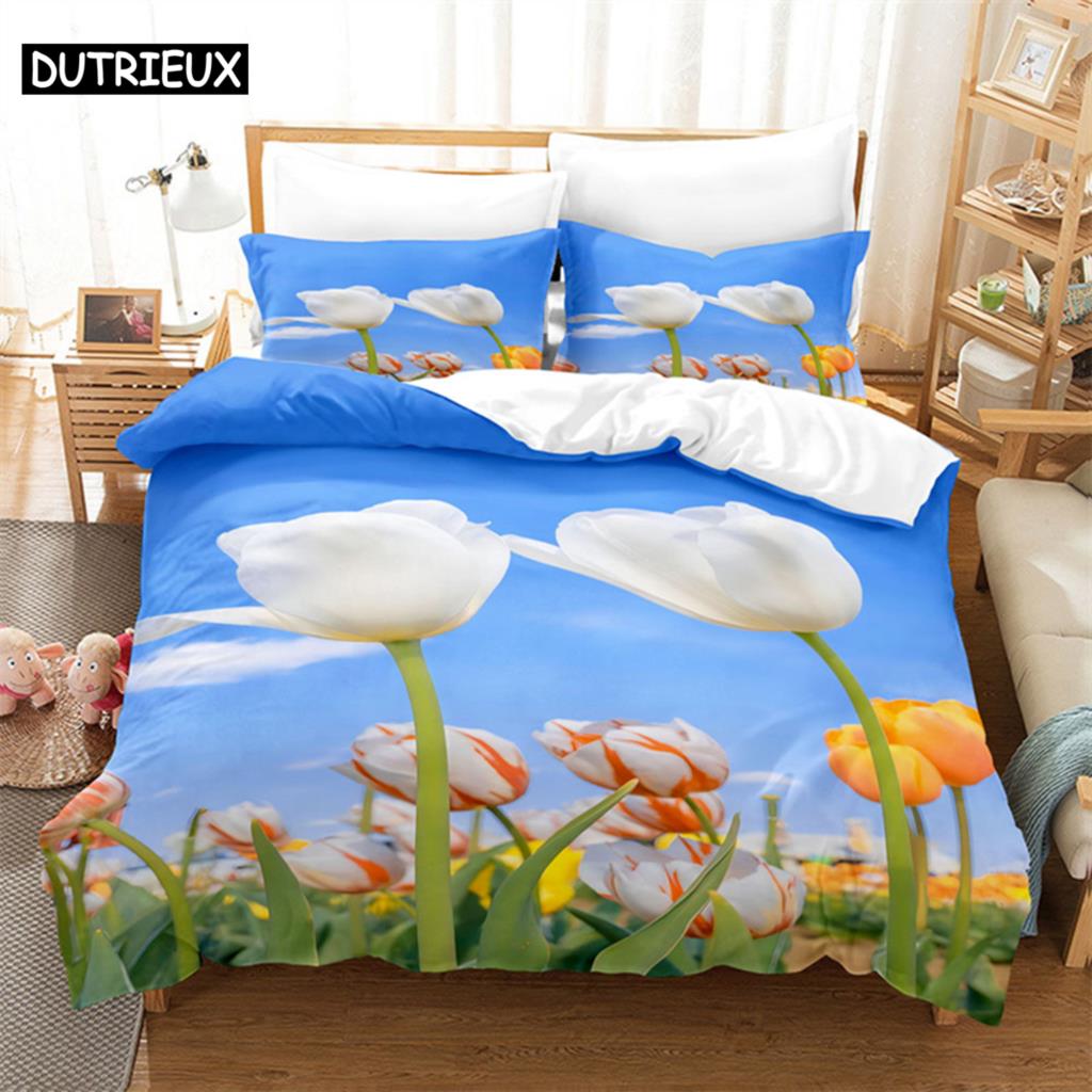 Sky Tulip Lovers Queen Bedding Set Duvet Cover Kids Bedroom Bed Set Comforter Cover Set King Size Duvet Cover Set Bedding Sets