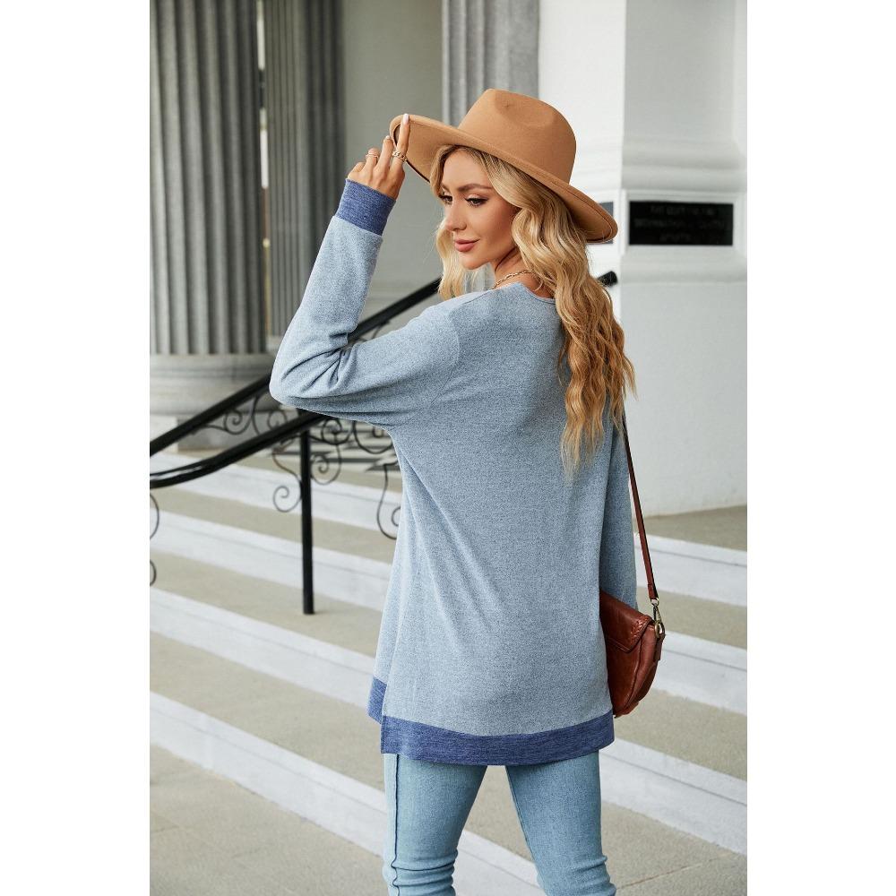 Women's Long Sleeve T-Shirt Fall/Winter Sweatshirt Women's Lace V-Neck Color-Blocked Split Hem Loose Top