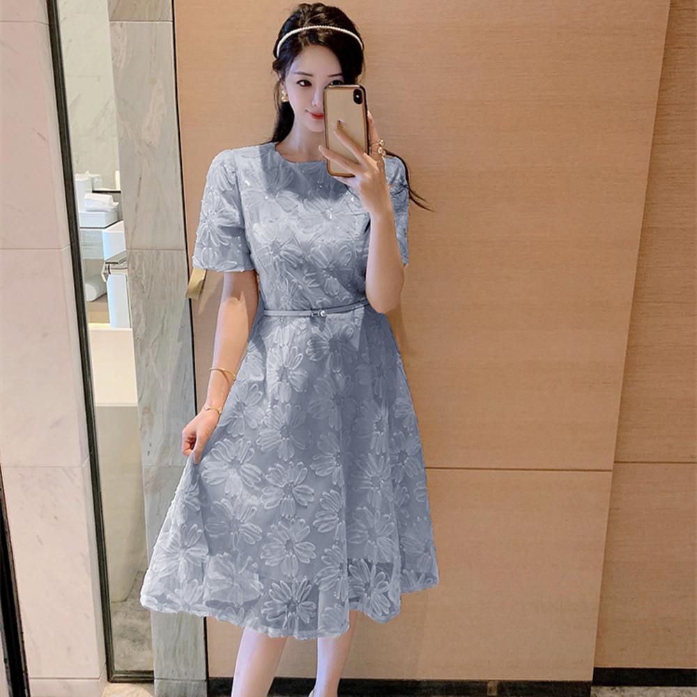 New Fashion Mesh Sequined Embroidery Short Dress Women Clothing Elegant Floral Pearl Belt Slim Casual Summer Dress