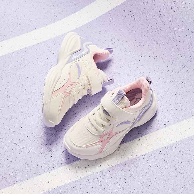 Anta Kids Synthetic Leather Trendy Versatile Lightweight Shock Absorbing Low Top Running Shoes Kids Sneaker White Pink Purple A22449977N-1