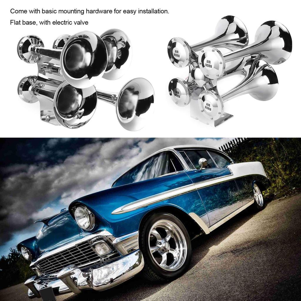 Akozon145DB Train Air Horn Kit 4 Trumpets Loud Train Horn 160mmDia 120 PSI Air Compressor for Van Most 12V Vehicles Trucks, Cars, Boats,
