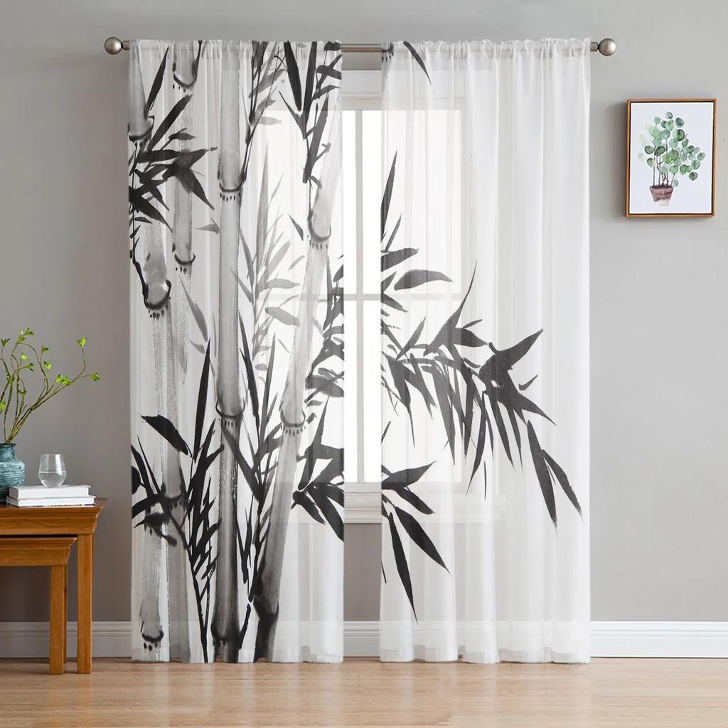 Bamboo Carp Chinese Ink Painting Tulle Curtains For Living Room Bedroom Kitchen Decoration Chiffon Sheer Voile Window Curtains