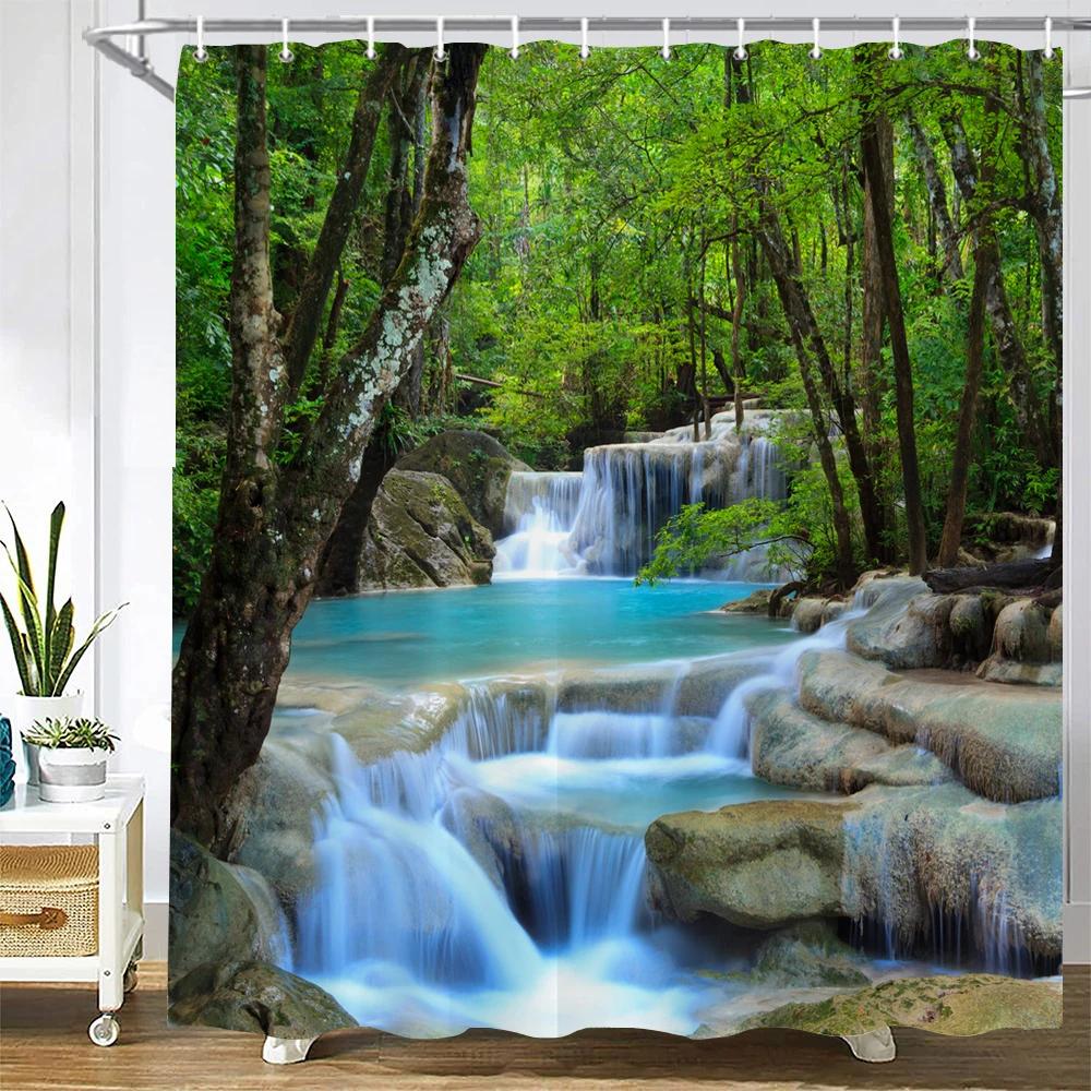 3d Printing Green Forest Waterfall Shower Curtains Waterproof Bathroom Curtain With Hooks Bath Curtain 180*200 Polyester Fabric