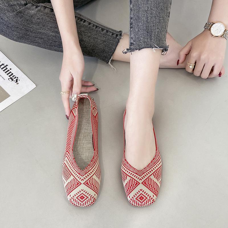2024Plus Size Women Casual Ballet Flats Shoes Square Toe Slip On Flat Heel Anti Skid Loafers Stretch Knit Fabric